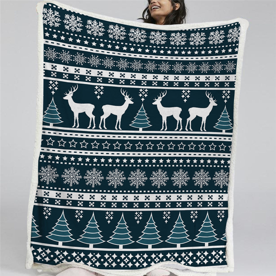 Christmas Snowflake Reindeer Themed Sherpa Fleece Blanket
