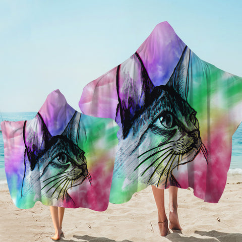 Image of Cat Portrait Sketch Hooded Towel