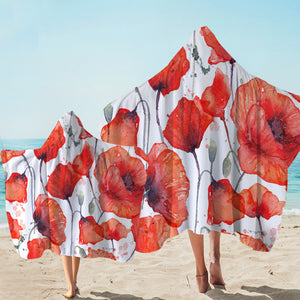 Watercolored Red Flowers Hooded Towel