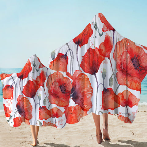 Image of Watercolored Red Flowers Hooded Towel