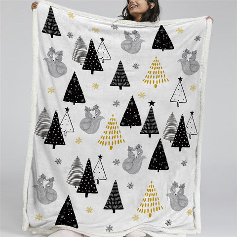 Image of Fox And Christmas Trees Sherpa Fleece Blanket - Beddingify