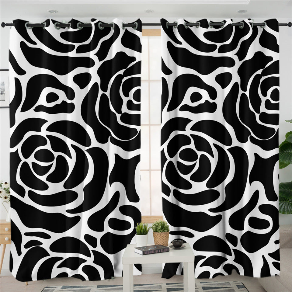 Black Patterned Flower Themed 2 Panel Curtains