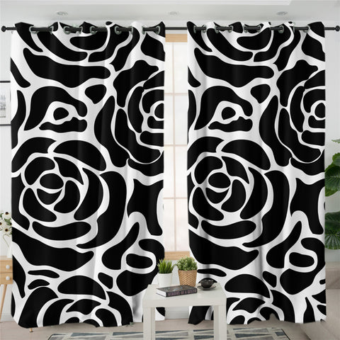 Image of Black Patterned Flower Themed 2 Panel Curtains
