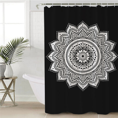 Image of B&W Mandala Themed Black Shower Curtain