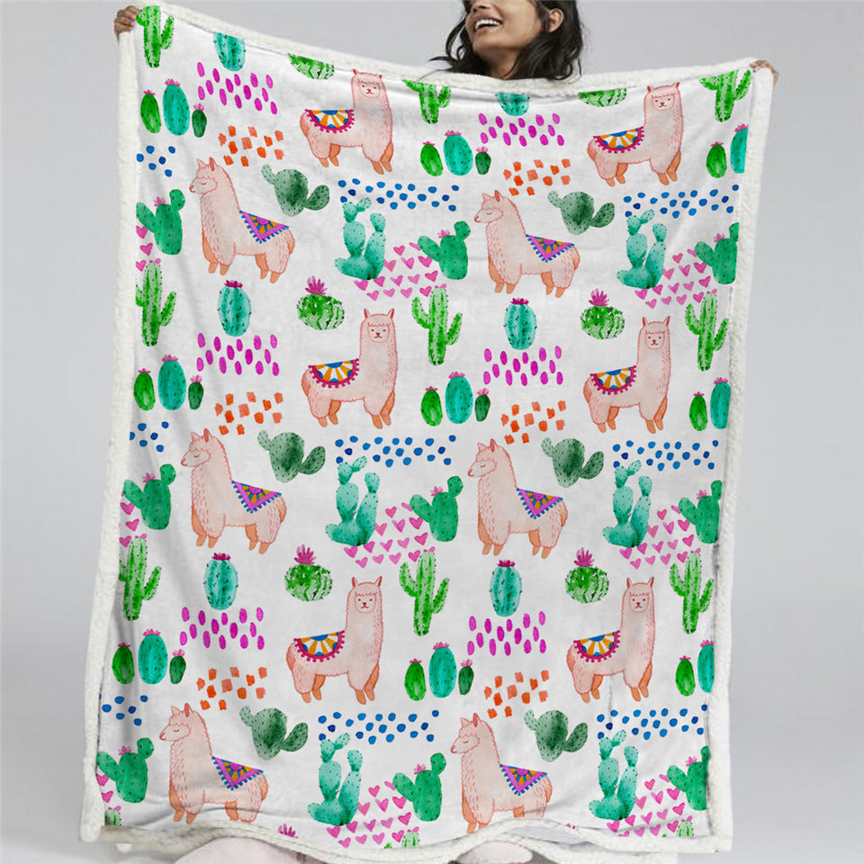 Cactus And Llama Sherpa Fleece Blanket - Beddingify