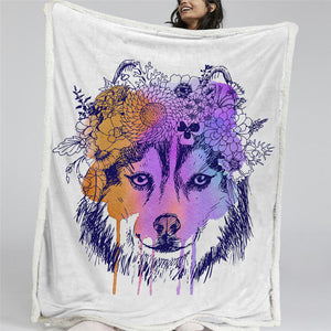 Floral Wolf Themed Sherpa Fleece Blanket