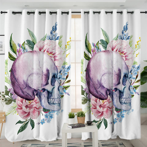 Image of Skull & Flowers White 2 Panel Curtains