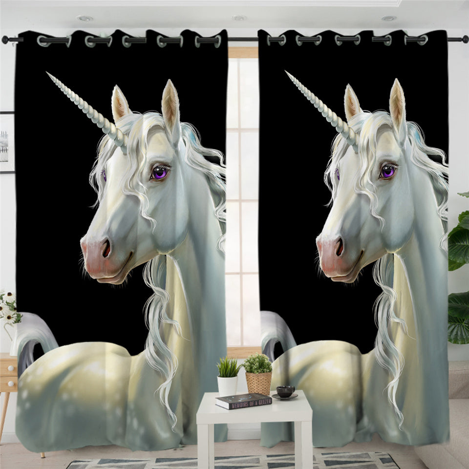 3D Unicorn Black 2 Panel Curtains