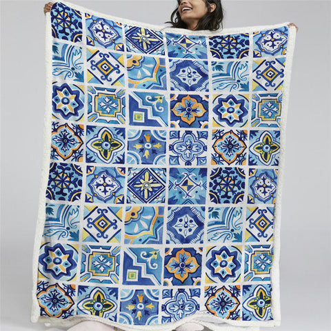 Image of Blue Patchwork Sherpa Fleece Blanket - Beddingify