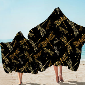 Metallic Dragonflies Black Hooded Towel