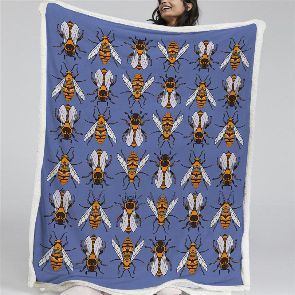 Blue Bee Themed Sherpa Fleece Blanket