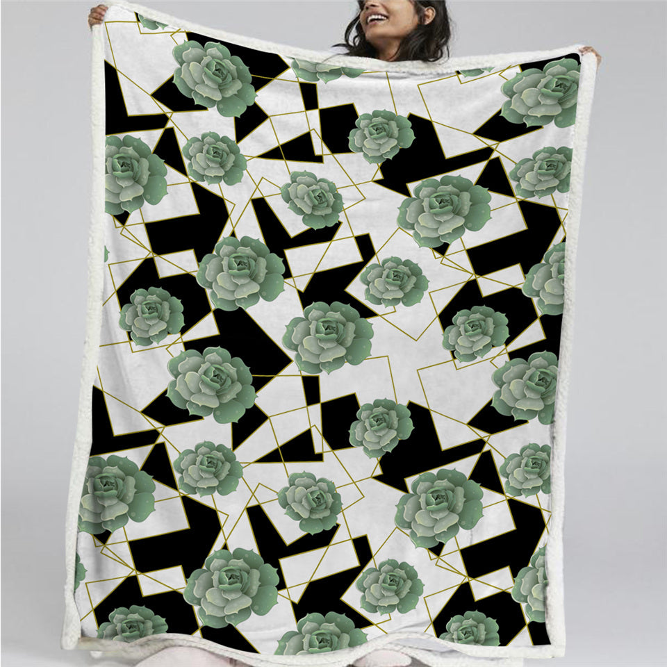 Succulent White Black Marble Sherpa Fleece Blanket - Beddingify