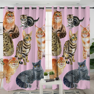 3D Cats Pink 2 Panel Curtains