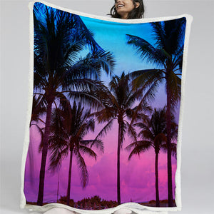 Blue Pink Tropical Coconut Tree Themed Sherpa Fleece Blanket