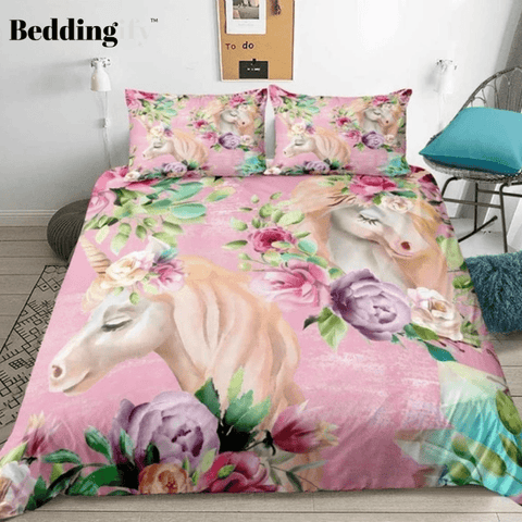 Image of Watercolor Floral Unicorn Bedding Set - Beddingify
