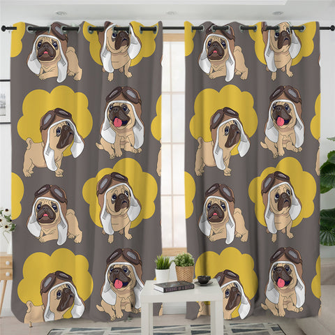 Image of Yellow & Brown Pugs 2 Panel Curtains