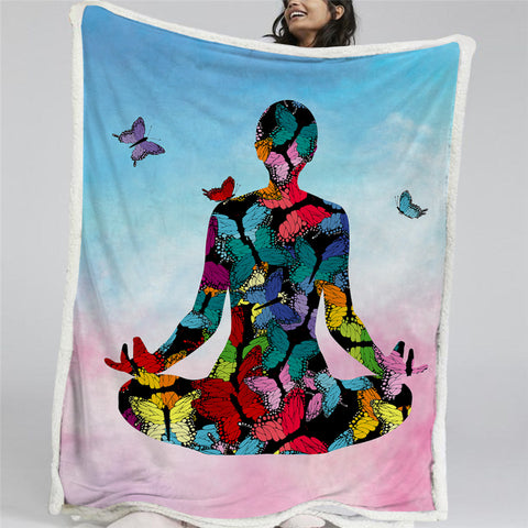 Image of Butterflies Yoga Themed Sherpa Fleece Blanket
