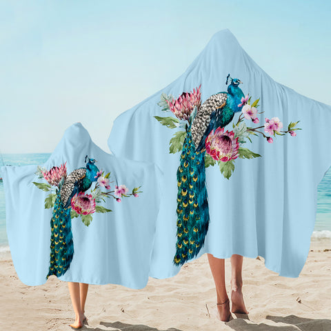 Image of Floral Peacock Light Blue Hooded Towel