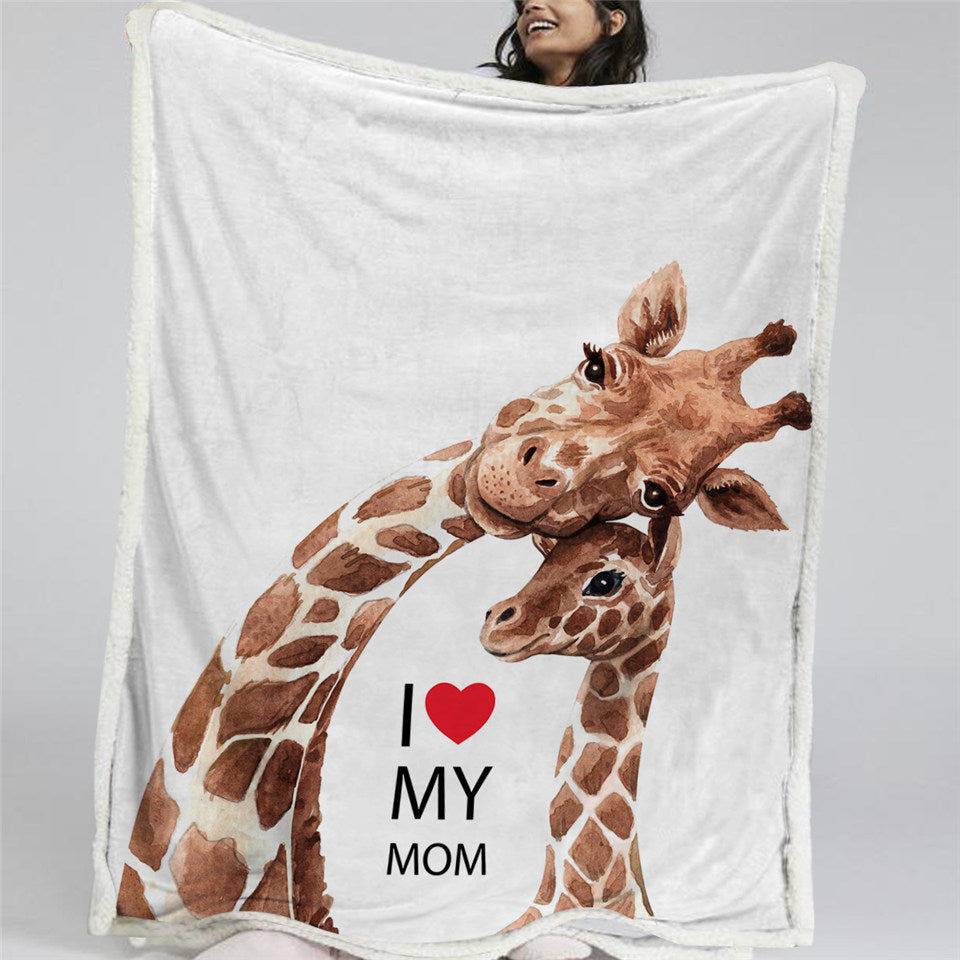 I Love Mom Giraffe Sherpa Fleece Blanket