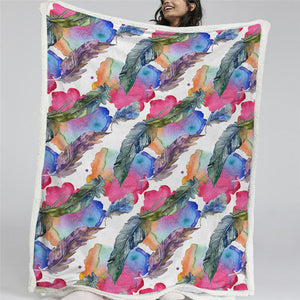 Colorful Feathers Themed Sherpa Fleece Blanket