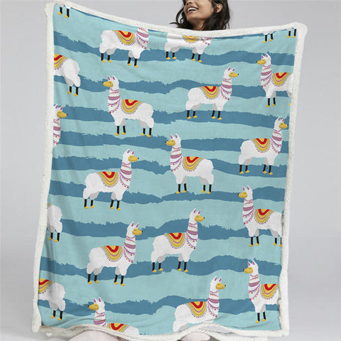 Image of Llama Blue Themed Sherpa Fleece Blanket