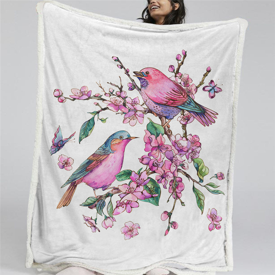 Pink Birds Themed Sherpa Fleece Blanket