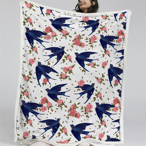 Flower Spring Bird Themed Sherpa Fleece Blanket