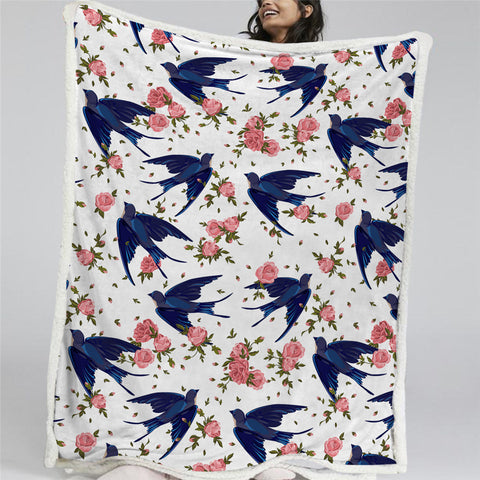 Image of Flower Spring Bird Themed Sherpa Fleece Blanket