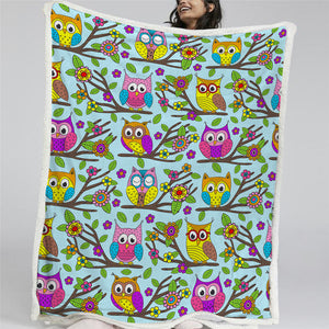 Colorful Owls Sherpa Fleece Blanket