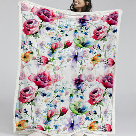 Image of Colorful Floral Pattern Sherpa Fleece Blanket