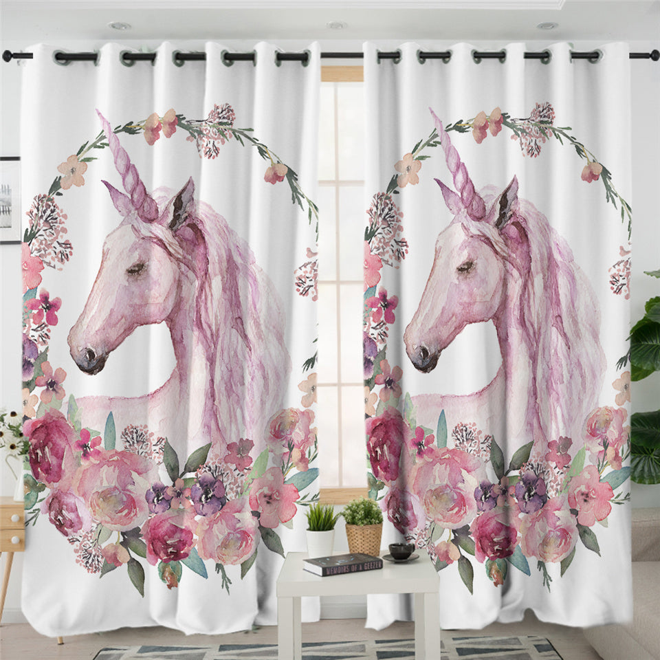 Pink Unicorn White 2 Panel Curtains