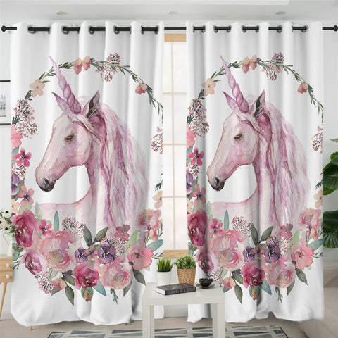 Image of Pink Unicorn White 2 Panel Curtains
