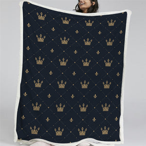 Crown Patterns Dark Blue Sherpa Fleece Blanket