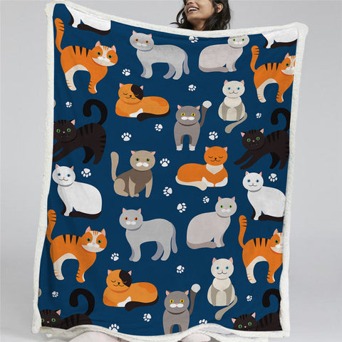 Image of Cartooned Cat Themed Sherpa Fleece Blanket