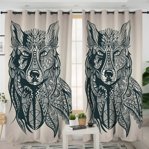 Image of B&W Maori Wolf Teal 2 Panel Curtains