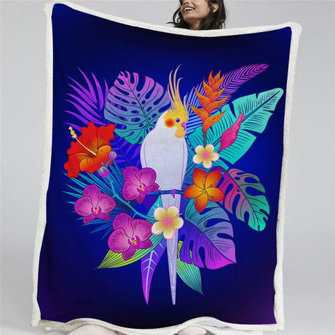 Image of Purple Tropical Bird Palm Leaves Sherpa Fleece Blanket