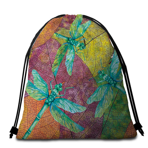 Image of Dragonflies Leaf Vein Round Beach Towel Set - Beddingify