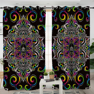 Mandala Stylized Themed Black 2 Panel Curtains