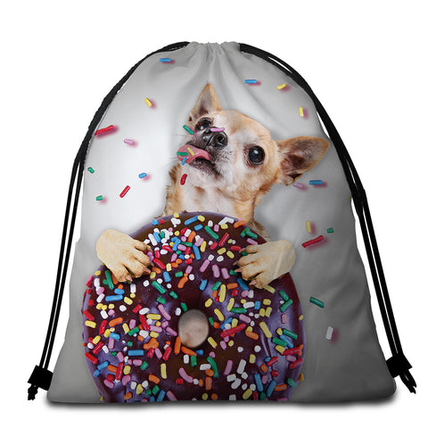 Image of 3D Chihuahua With Donut Round Beach Towel Set - Beddingify