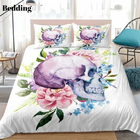 Image of Pink Floral Colorful Skull Bedding Set - Beddingify