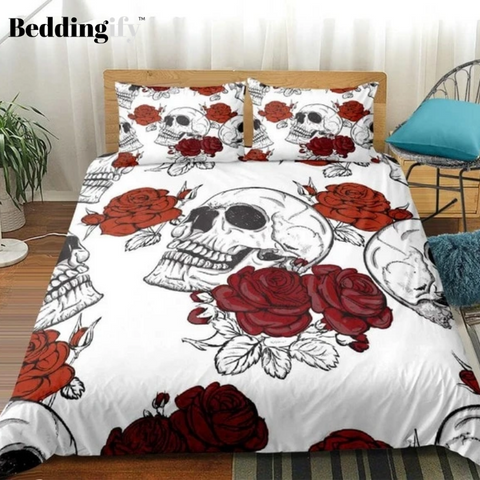Image of White Skull with Roses Bedding Set - Beddingify