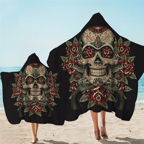 Image of Skull On Roses Hooded Towel