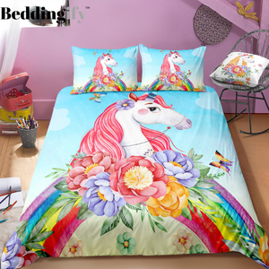 Colorful Rainbow and Flowers Unicorn Bedding Set - Beddingify