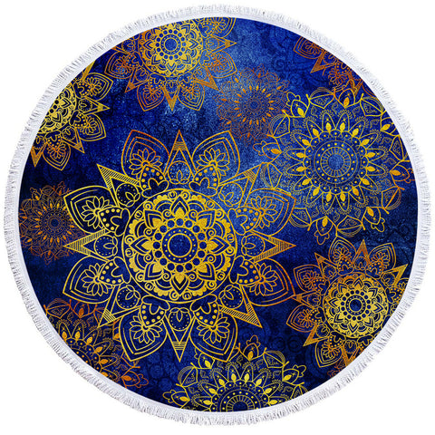 Image of Glided Flower Blue Round Beach Towel Set - Beddingify