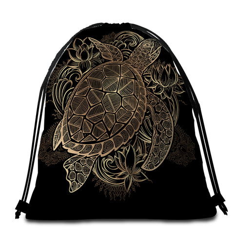 Image of Regal Turtle Black Round Beach Towel Set - Beddingify