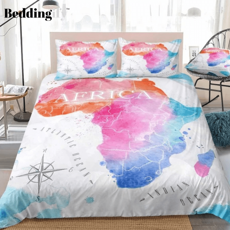 Colorful Watercolor Abstract Africa Map White Bedding Set - Beddingify
