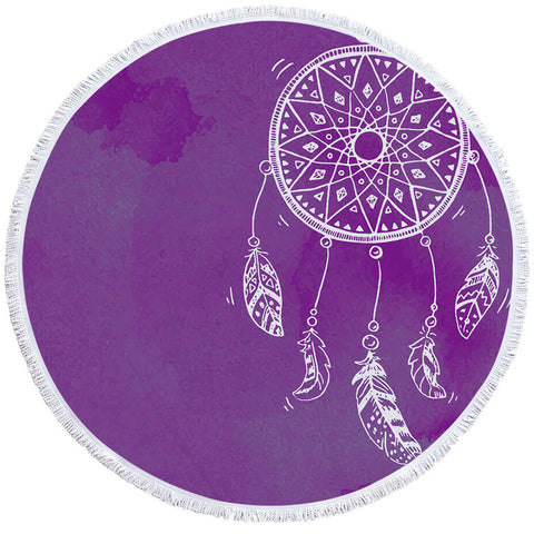 Image of White Dreamcatcher Purple Round Beach Towel Set - Beddingify