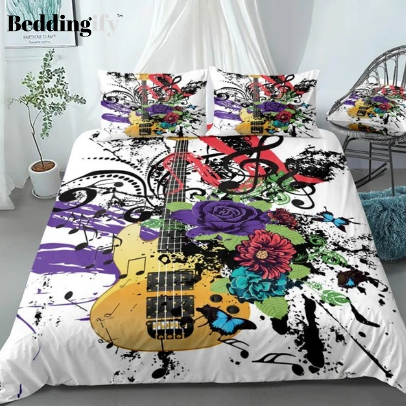 Colorful Guitar Flowers Butterflies Bedding Set - Beddingify