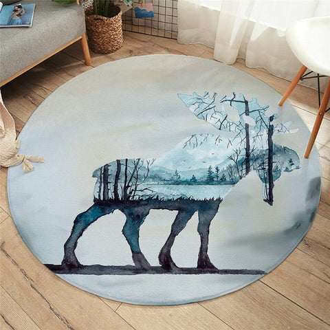 Image of Forest In Wild Elk Shape Area Rug Round Carpet