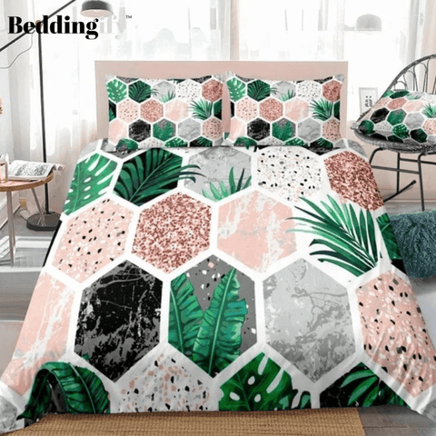 Image of Marble Tropical Leaves Pink Glitter Bedding Set - Beddingify